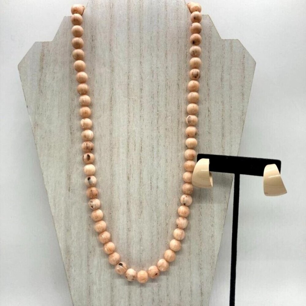 Set 25" Simulated‎ Stone Bead Necklace Enamel Clip On Wide Hoop Earrings Beige